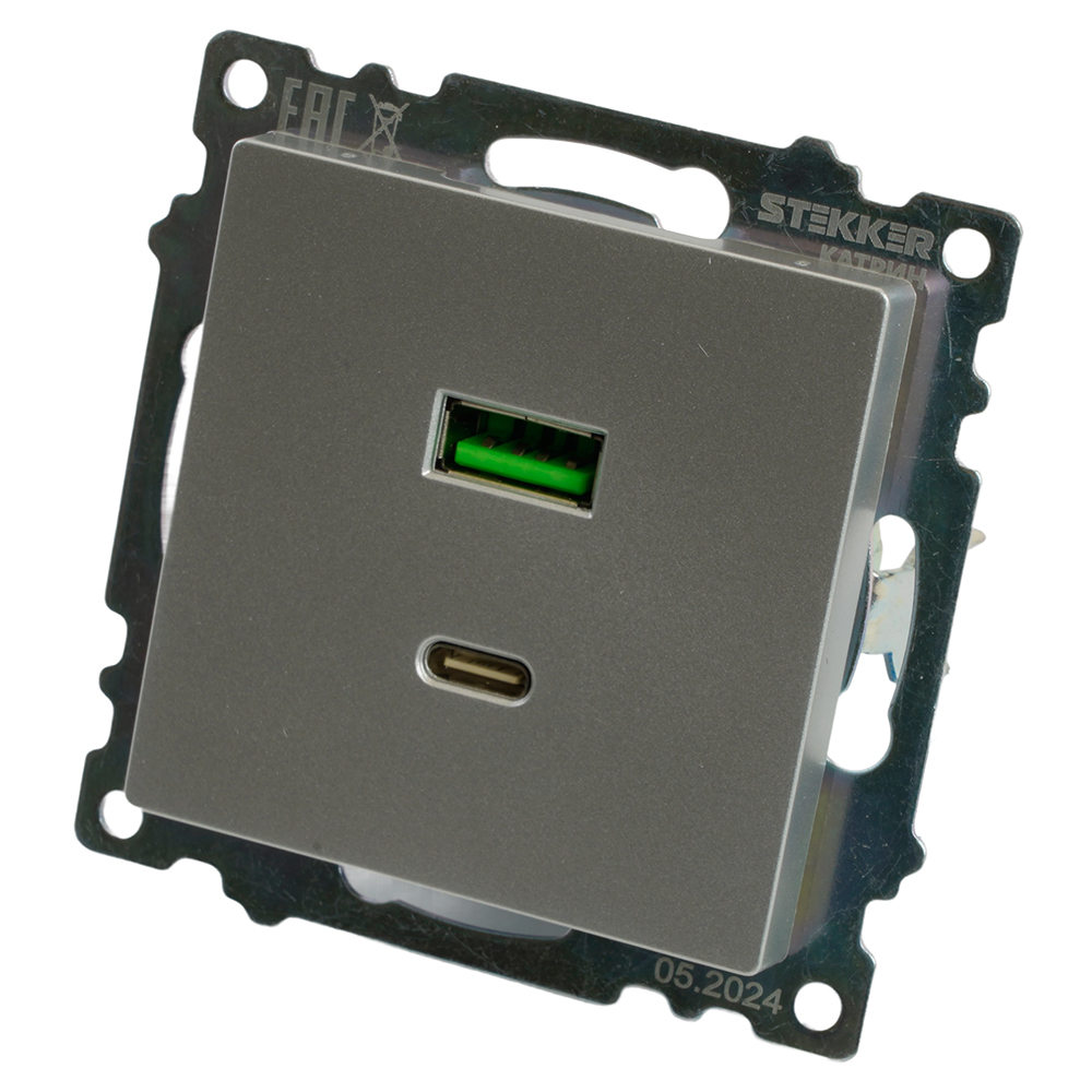 Розетка 2-местная USB + type C (механизм)), STEKKER GLS10-7116-03 , 250B, 3А, max 20W, серия Катрин, серебро