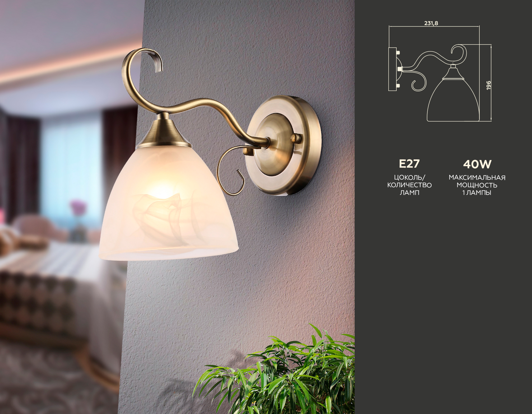 Настенный светильник TR3048 SB/FR бронза/белый матовый E27 max 40W 196*135*232