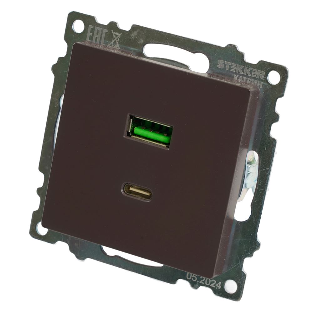 Розетка 2-местная USB + type C, STEKKER GLS10-7116-04, 250В, 3А, max 20W,серия Катрин, шоколад