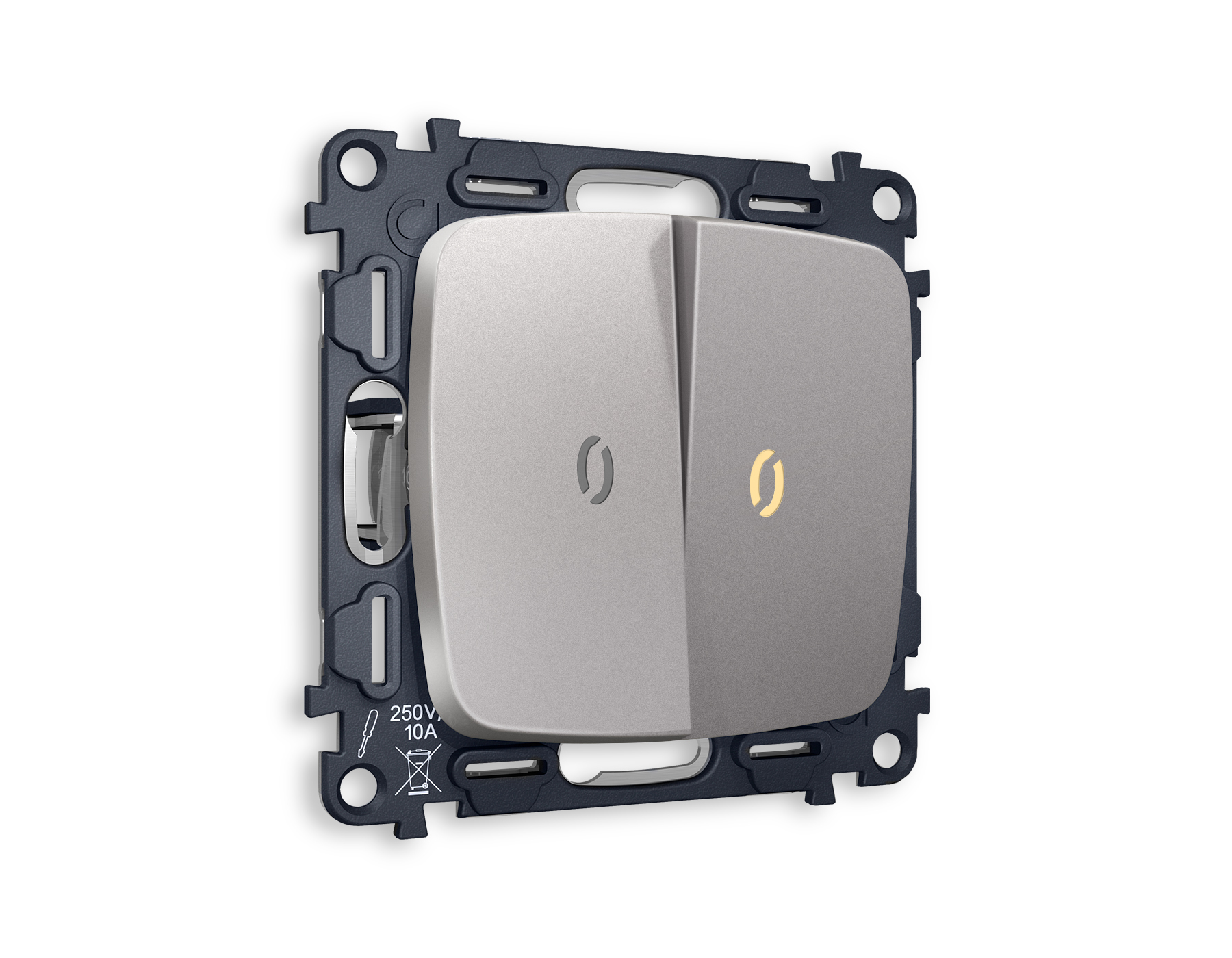 MO504030 Комплект механизма 2-кл проходного выключателя с подсветкой 3200K OMEGA Сталь матовый QUANT (OP5040, VM120, G22Y)