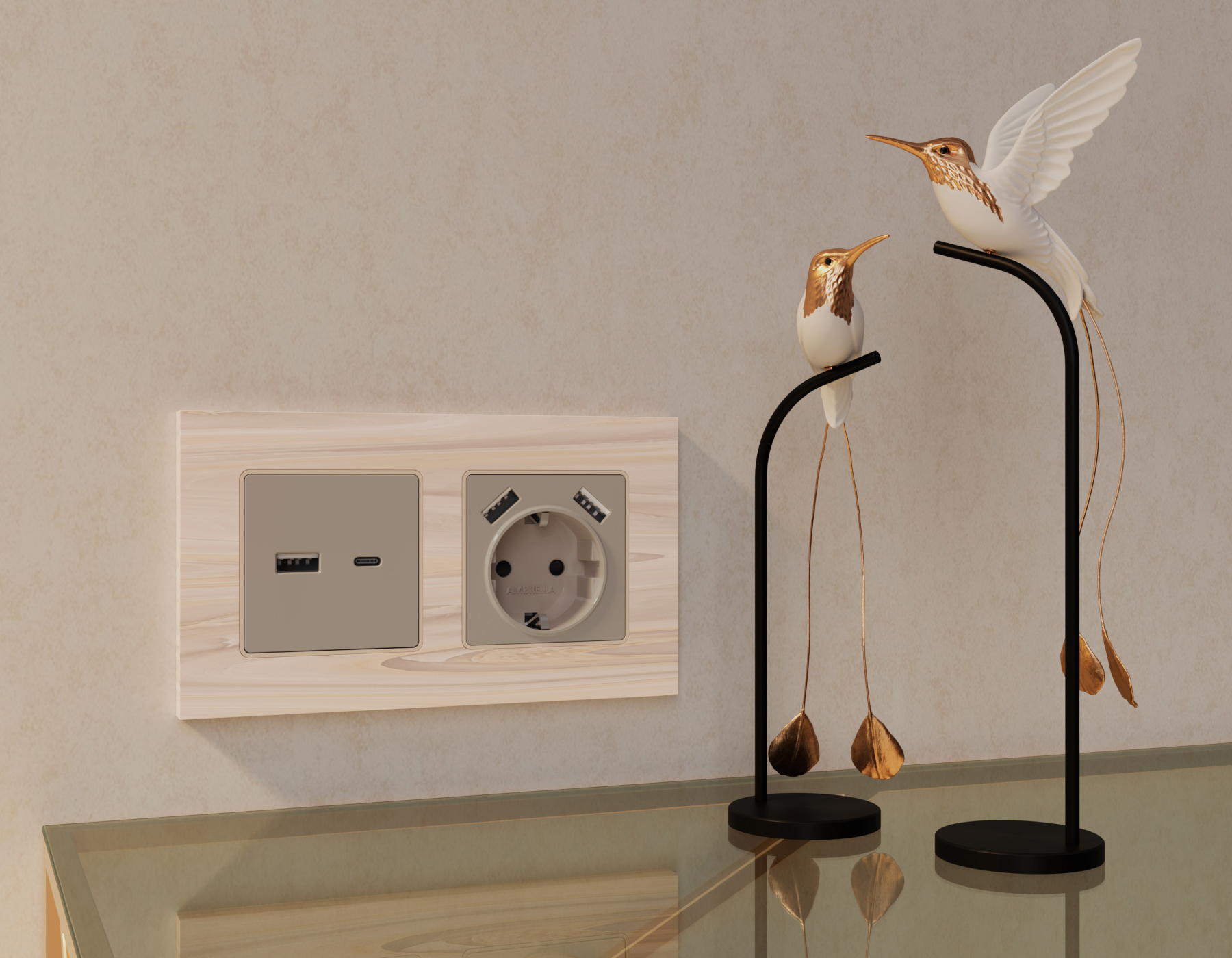 AP3690 Лицевая панель ALFA (Серо-бежевый матовый) для электрической розетки с/з со шторками 2USB A+A QUANT