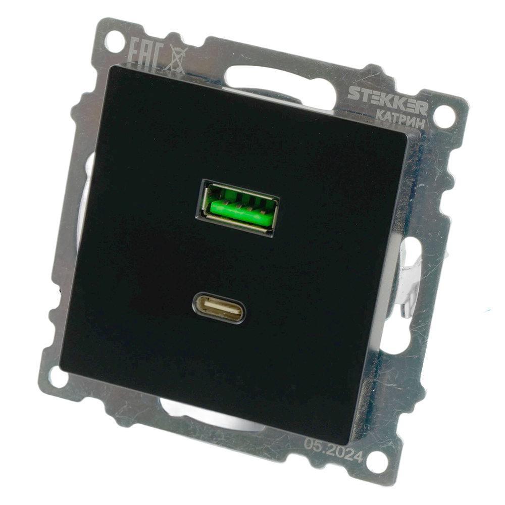 Розетка 2-местная USB + type C (механизм), STEKKER GLS10-7116-05, 250B, 3А, серия Катрин, черный