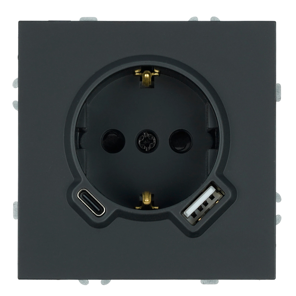 Розетка 1-местная з/ш с/з 16А + USB + Type C (механизм), Stekker, 250В, 20W, серия Эмили, черный уголь, soft-touch, RST16-5119-05