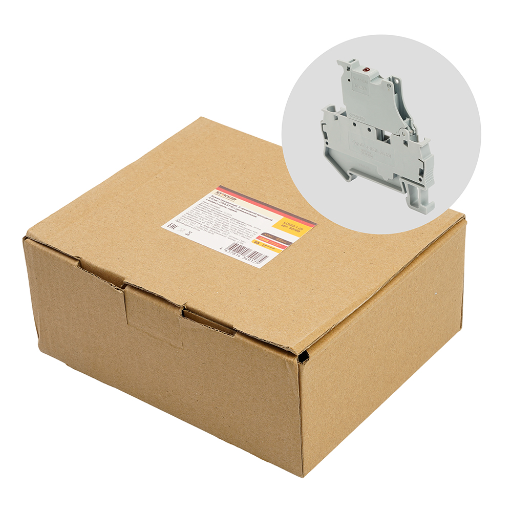 Зажим пружинный STEKKER, 2-проводной проходной 4,0 мм²  (JXB ST 4) с размыкателем и предохранителем с индикатором, LD552-1-01, серый