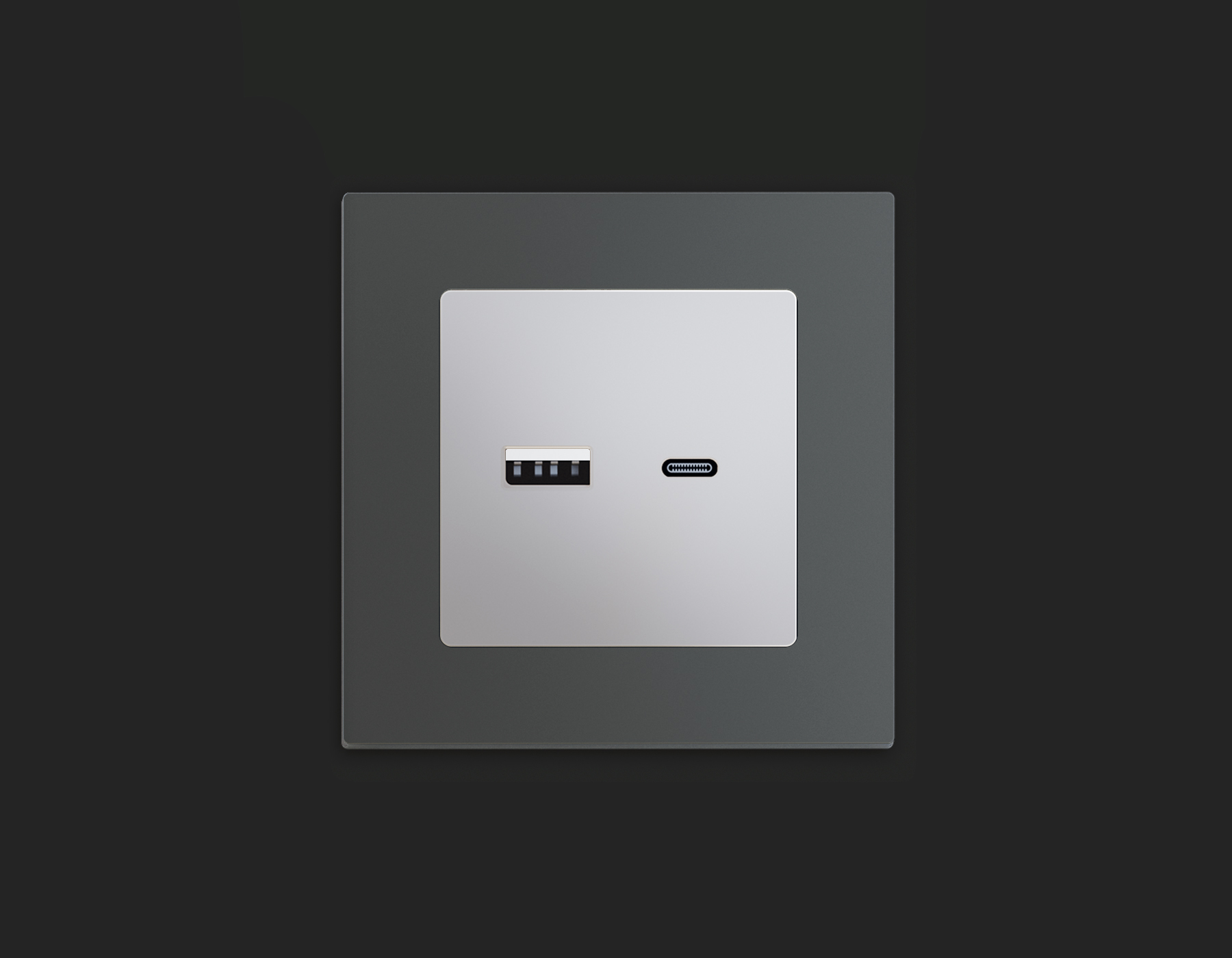 MA411010 Комплект механизма розетки ALFA Серебро глянец 2USB A+C 20W (быстрая зарядка) QUANT (AP4110, VM177)