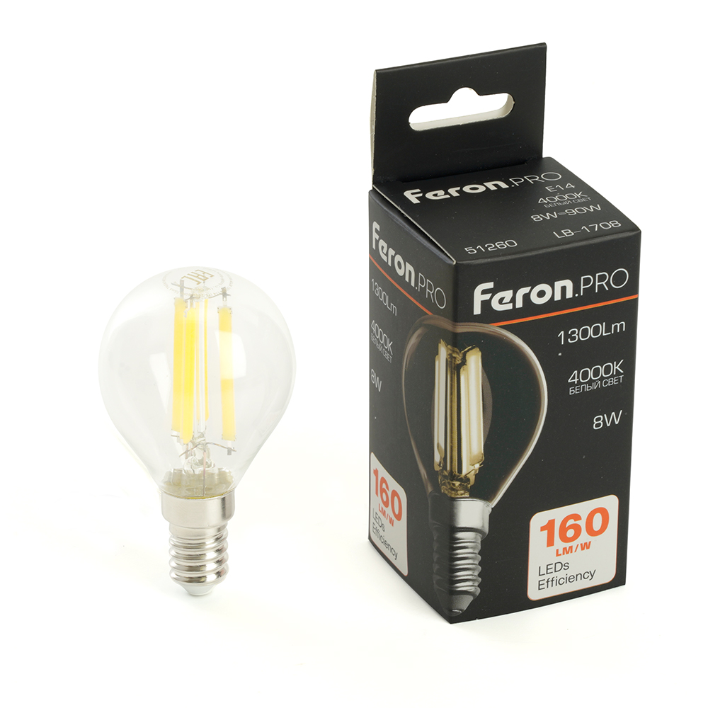 Лампа светодиодная Feron.PRO LB-1708 Шарик E14 1300LM 8W 175-265V 4000K Лампа светодиодная Feron.PRO LB-1708 Шарик E14 1300LM 8W 175-265V 4000K