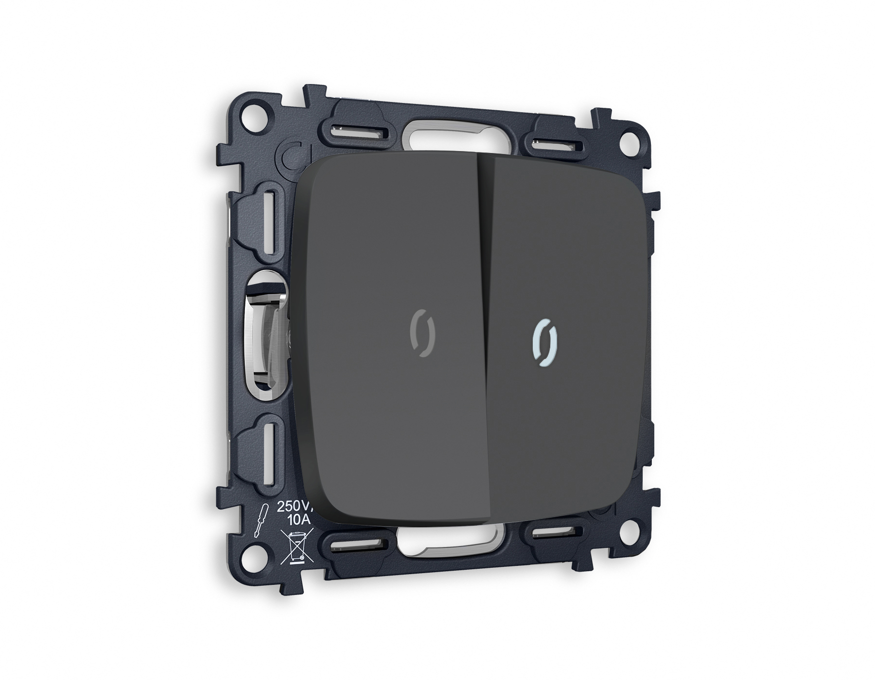 MO904035 Комплект механизма 2-кл проходного выключателя с подсветкой 5600K OMEGA Графит мягкое касание QUANT (OP9040, VM120, G25W)