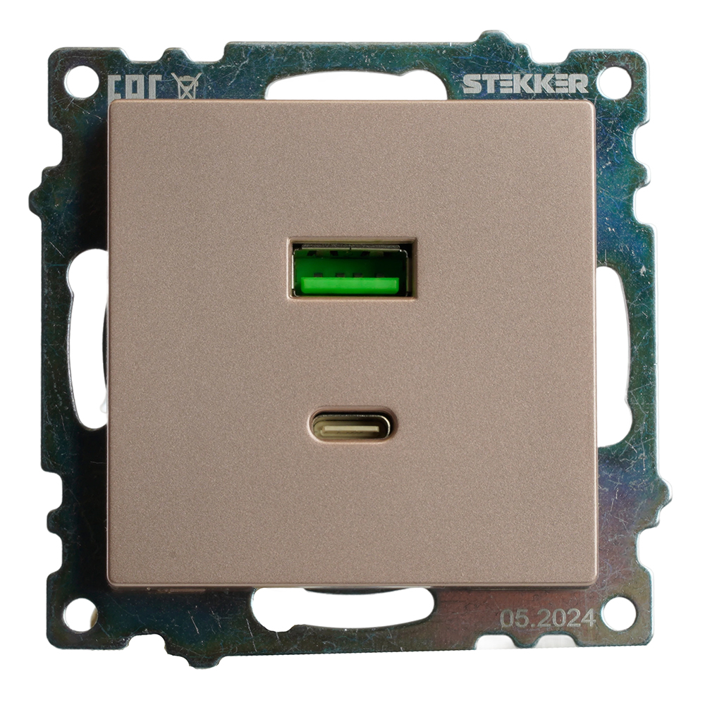 Розетка 2-местная USB + type C (механизм), STEKKER GLS10-7116-02, 250B, 3A, max 20W, серия Катрин, шампань