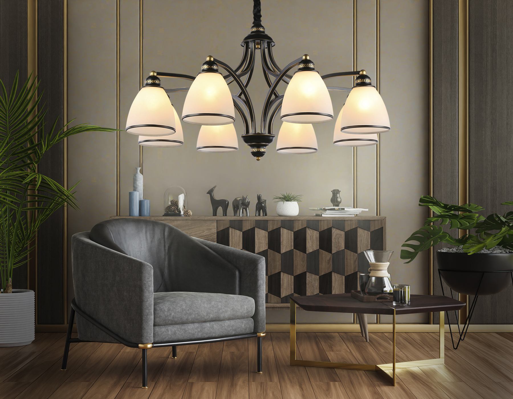 Подвесная люстра TR3081/8 BK/GD/FR черный/золото/белый матовый E27*8 max 40W D890*440