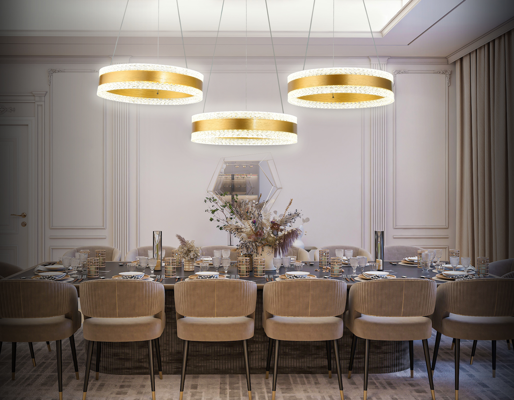 Подвесной LED светильник FA6208/3 GD золото 122W 3000K+6400K/3000K/6400K/4200K+4200K 840*300*750 (ПДУ РАДИО 2.4G)