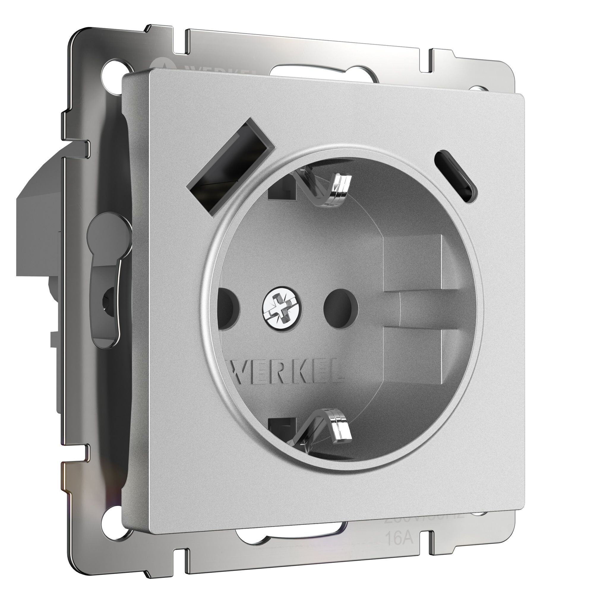 Розетка с заземлением, шторками и USB тип A+C  Werkel (серебряный матовый) W1171765