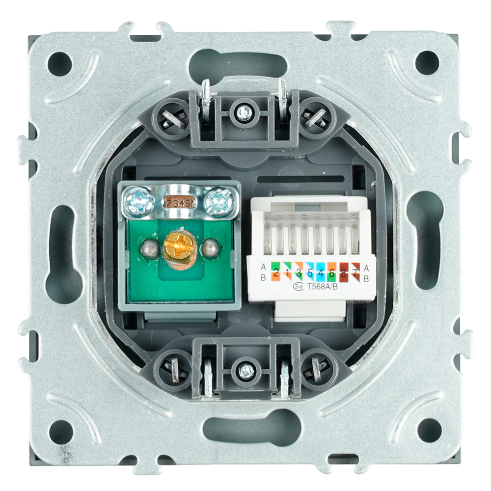 Розетка TV + компьютерная RJ-45 (механизм), STEKKER, серия Эмили, RST00-5106-09, антрацит, soft touch