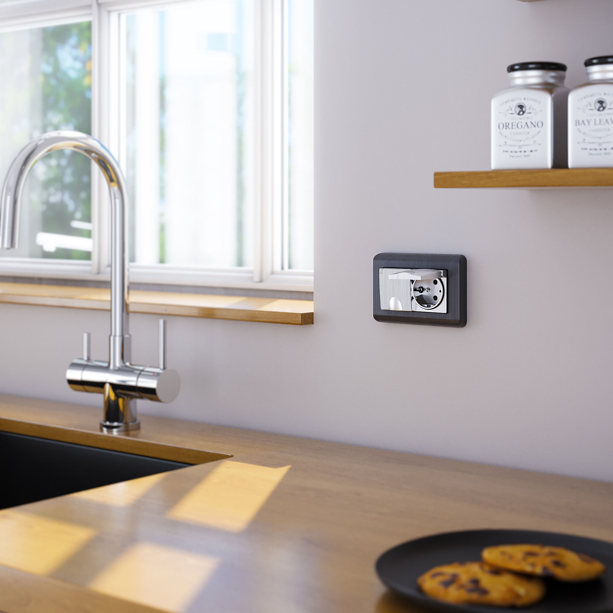 Розетка двойная влагозащ. с зазем. с защит. крышками и шторками Werkel (серебряный рифленый) W1172209