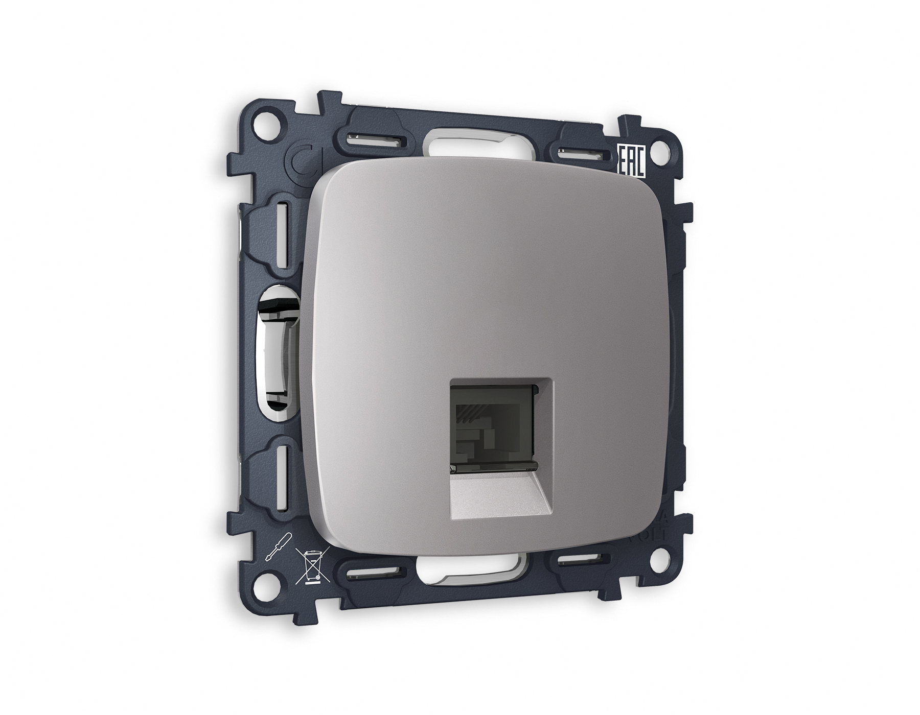 MO512010 Комплект механизма компьютерной розетки OMEGA Сталь матовый RJ-45(8P8C) CAT6 с шторкой QUANT (OP5120, VM188)