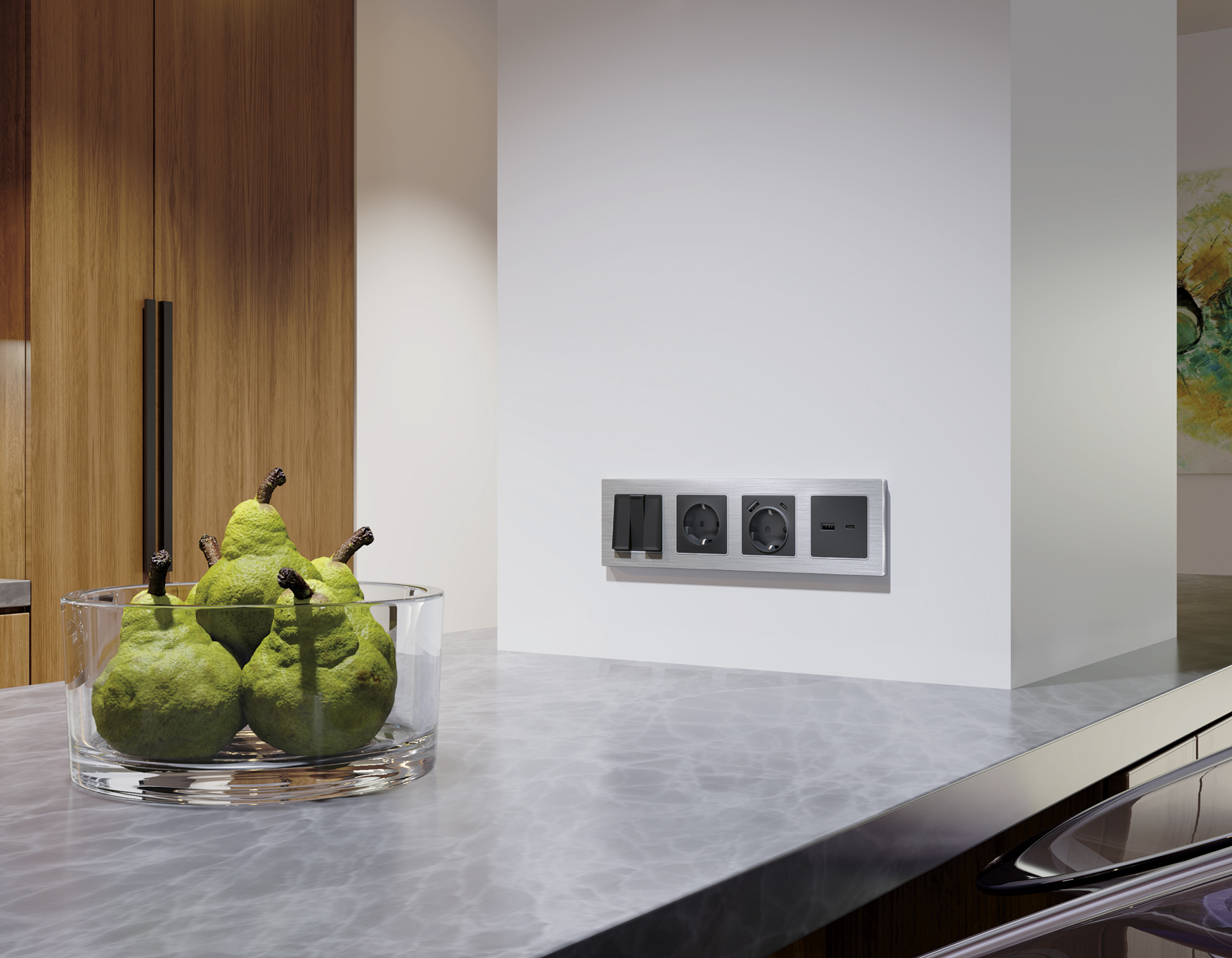 AP9100 Лицевая панель ALFA (Графит Мягкое касание) для электрической розетки с/з со шторками 2USB A+C QUANT