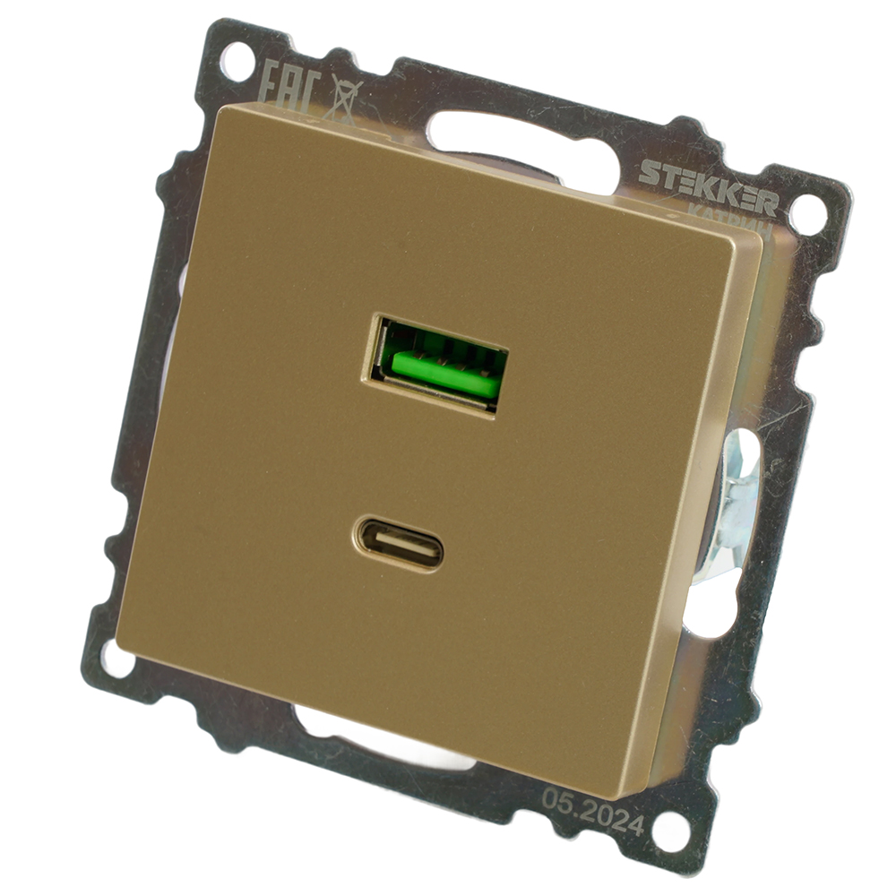 Розетка 2-местная USB + type C (механизм), 250В, 3А, max 20W, STEKKER, GLS10-7116-08, серия Катрин, золото