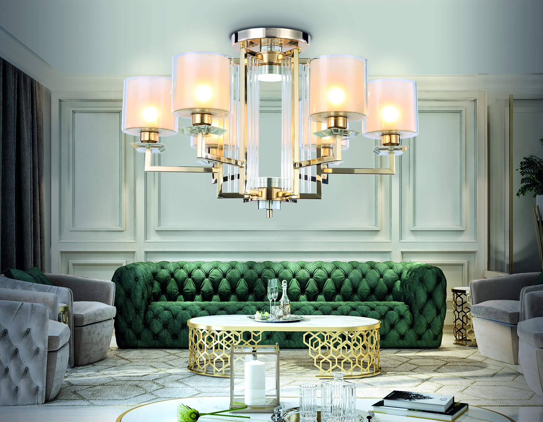 Потолочная люстра TR4420/6 GD/CL/FR золото/прозрачный/белый матовый E27*6 max 40W D748*463