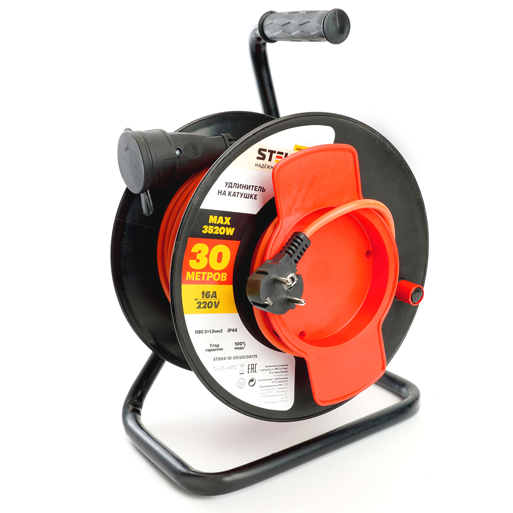 Удлинитель на пластиковой катушке STD04-10-30  1-местный с/з 3*1,5, 30м, 250В, 16А, IP44, Standart (40014)