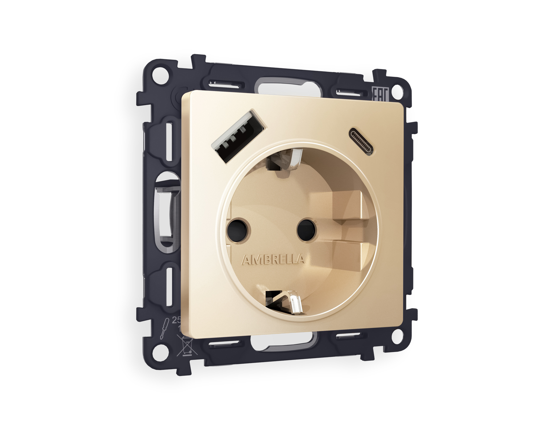 MA610010 Комплект механизма электрической розетки ALFA Шампань 2USB A+C 20W (быстрая зарядка) с/з QUANT (AP6100, VM160)