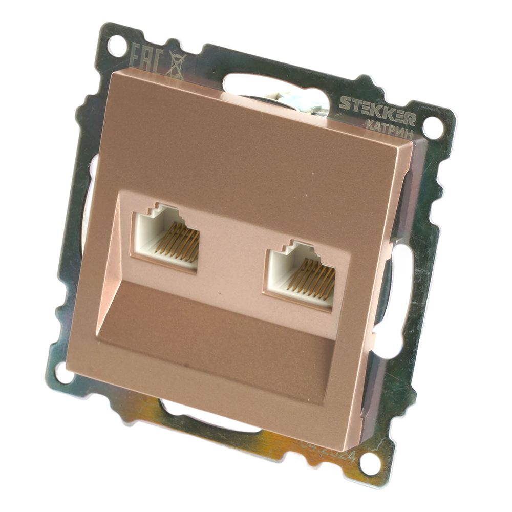 Розетка компьютерная 2-местная RJ-45 (механизм) STEKKER GLS00-7109-02, серия Катрин, шампань