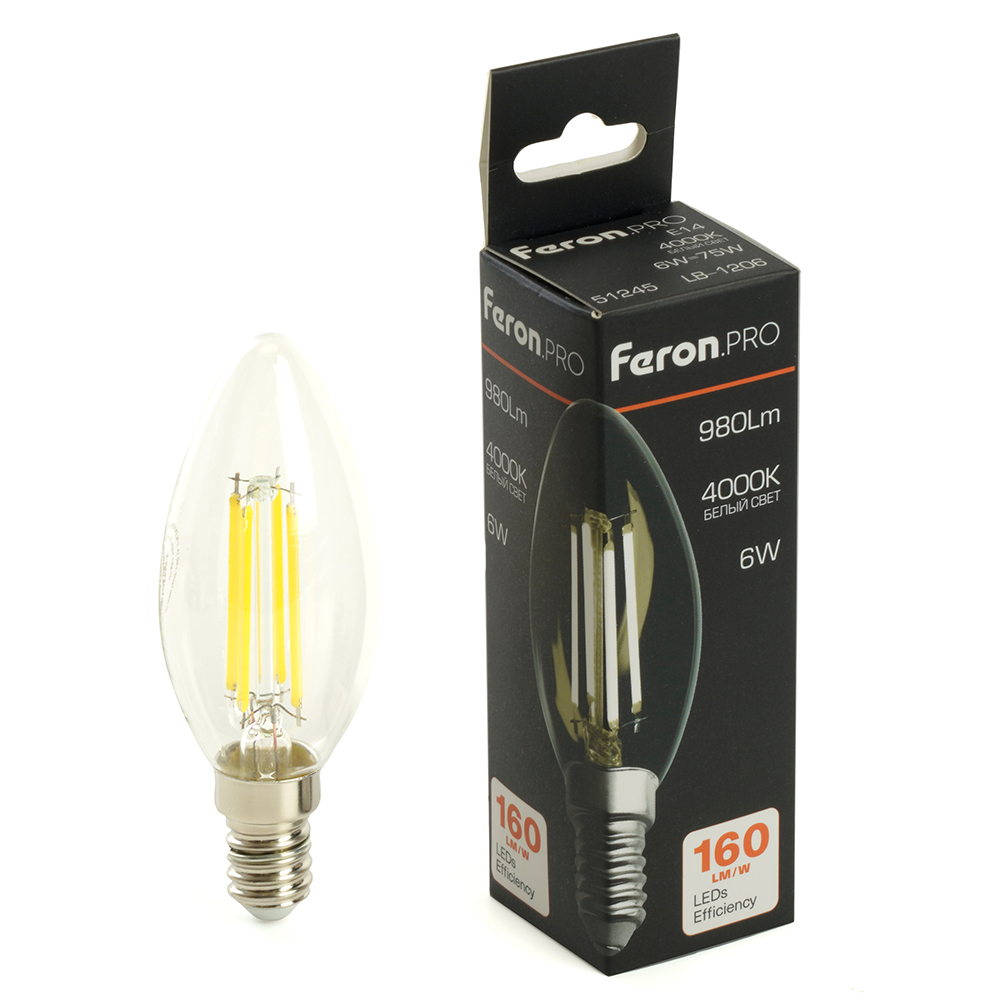 Лампа светодиодная Feron.PRO LB-1206 Свеча E14 980LM 6W 175-265V 4000K Лампа светодиодная Feron.PRO LB-1206 Свеча E14 980LM 6W 175-265V 4000K