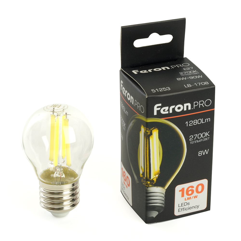 Лампа светодиодная Feron.PRO LB-1708 Шарик E27 1280LM 8W 175-265V 2700K Лампа светодиодная Feron.PRO LB-1708 Шарик E27 1280LM 8W 175-265V 2700K