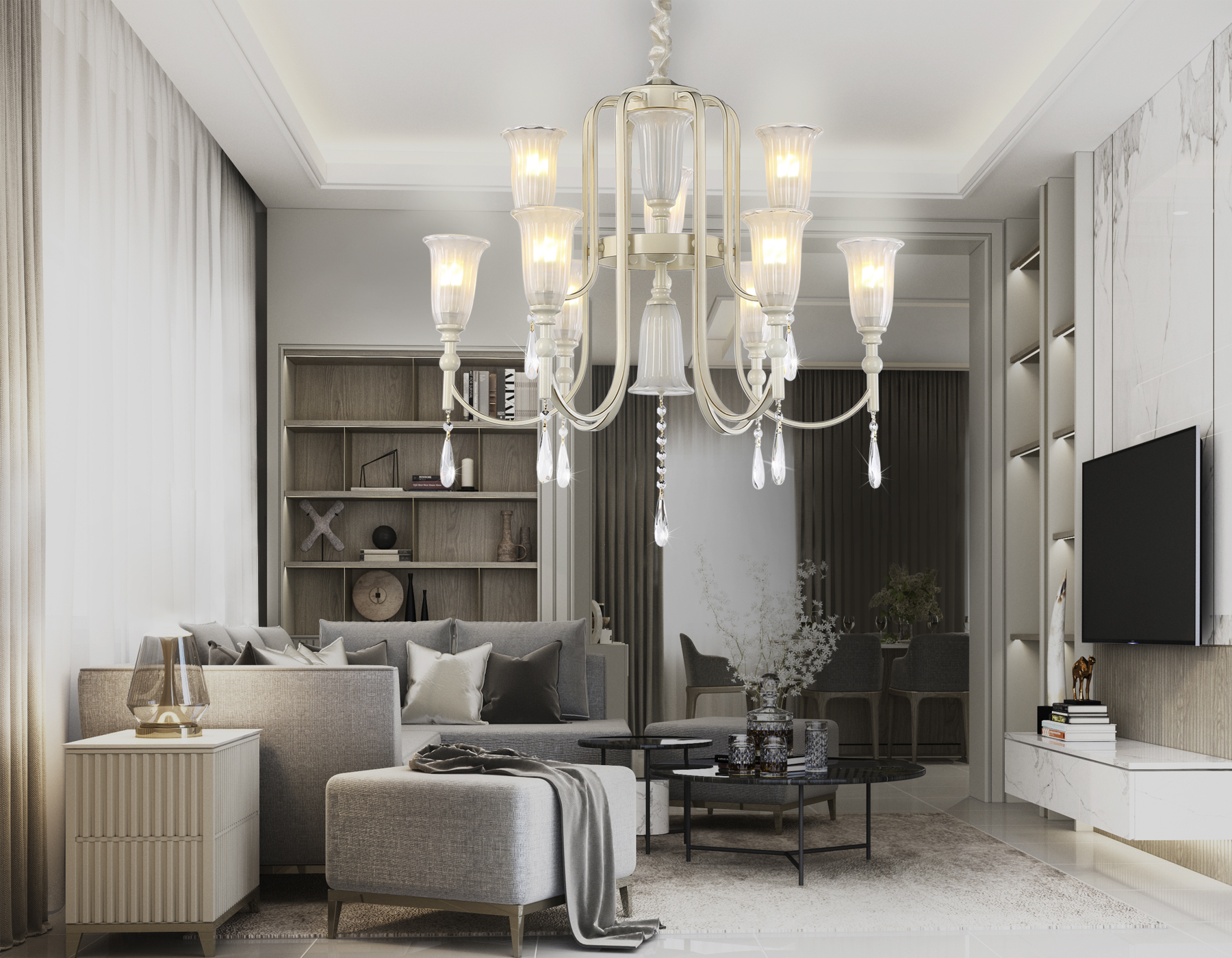 Подвесная люстра TR3248/9 BG/GD/FR бежевый/золото/белый матовый E14*9 max 40W D735*720