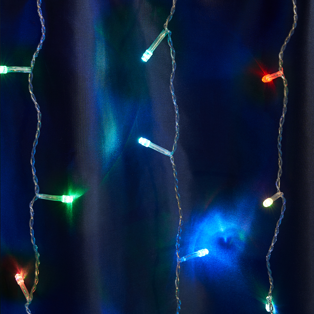 Светодиодная гирлянда Feron CL18 занавес 1,5*1,5м  + 3м 230V мультиколор плавная смена цветов,  c питанием от сети, прозрачный шнур Светодиодная гирлянда Feron CL18 занавес 1,5*1,5м  + 3м 230V мультиколор плавная смена цветов,  c питанием от сети, прозрачный шнур