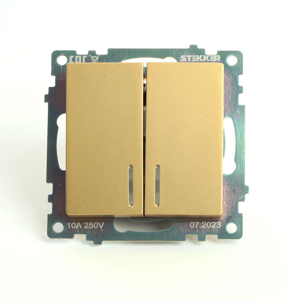 Выключатель 2-клавишный c индикатором (механизм) STEKKER, GLS10-7102-08, 250В, 10А, серия Катрин, золото