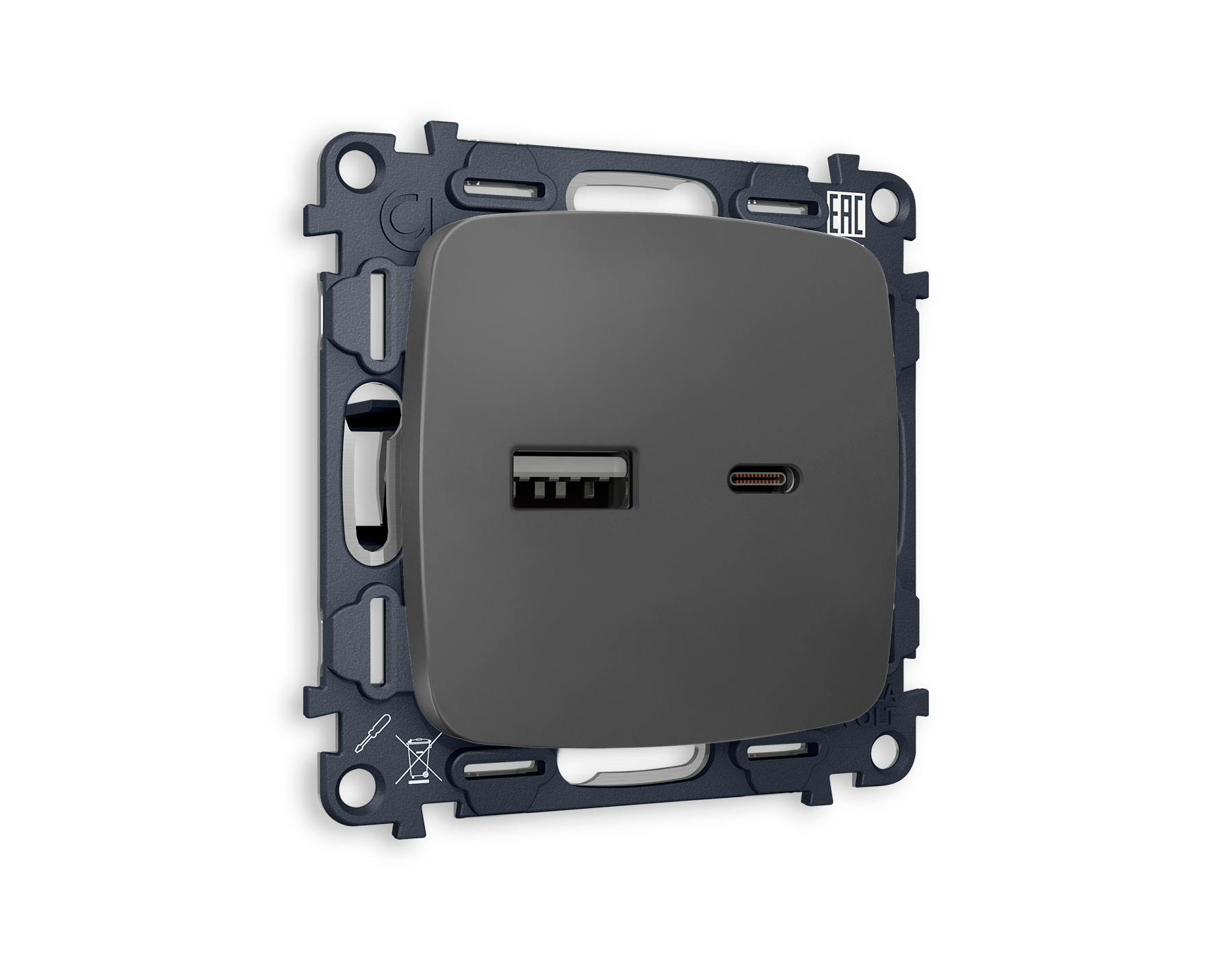 MO911010 Комплект механизма розетки OMEGA Графит мягкое касание 2USB A+C 20W (быстрая зарядка) QUANT (OP9110, VM177)