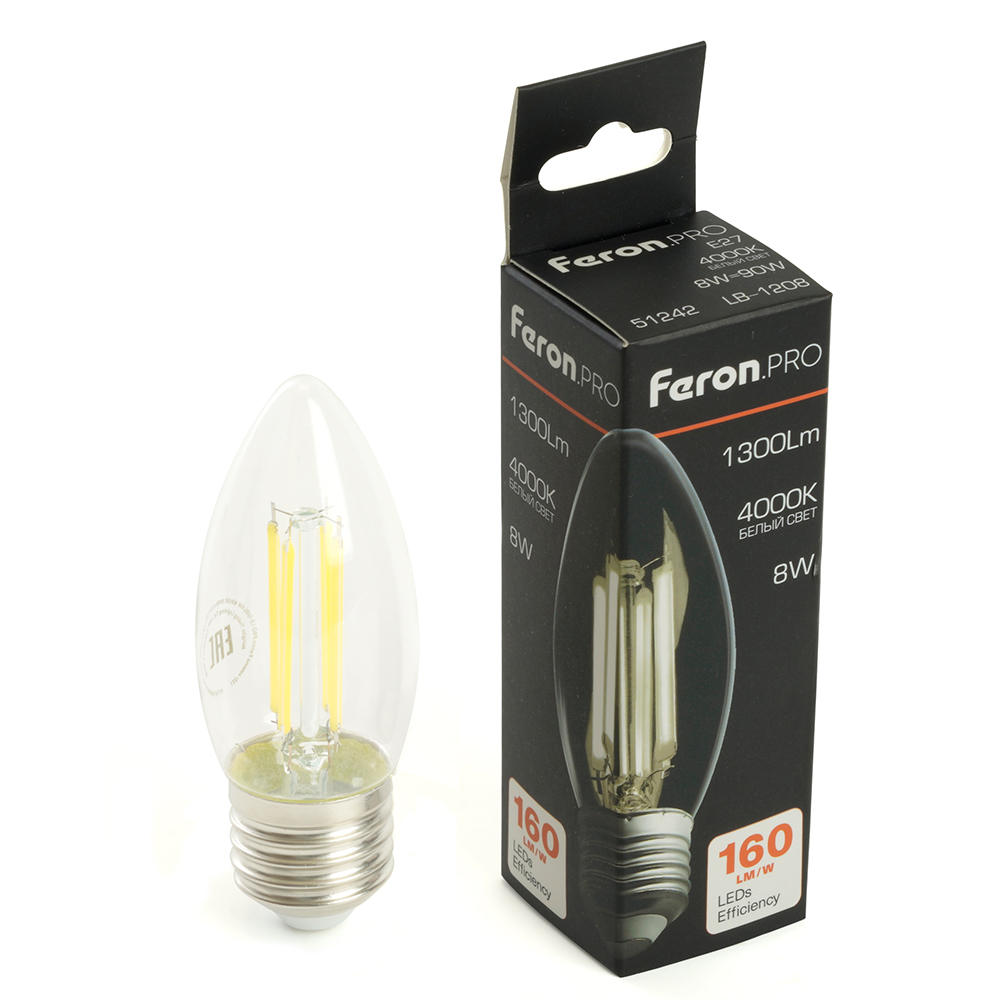 Лампа светодиодная Feron.PRO LB-1208 Свеча E27 1300LM 8W 175-265V 4000K Лампа светодиодная Feron.PRO LB-1208 Свеча E27 1300LM 8W 175-265V 4000K