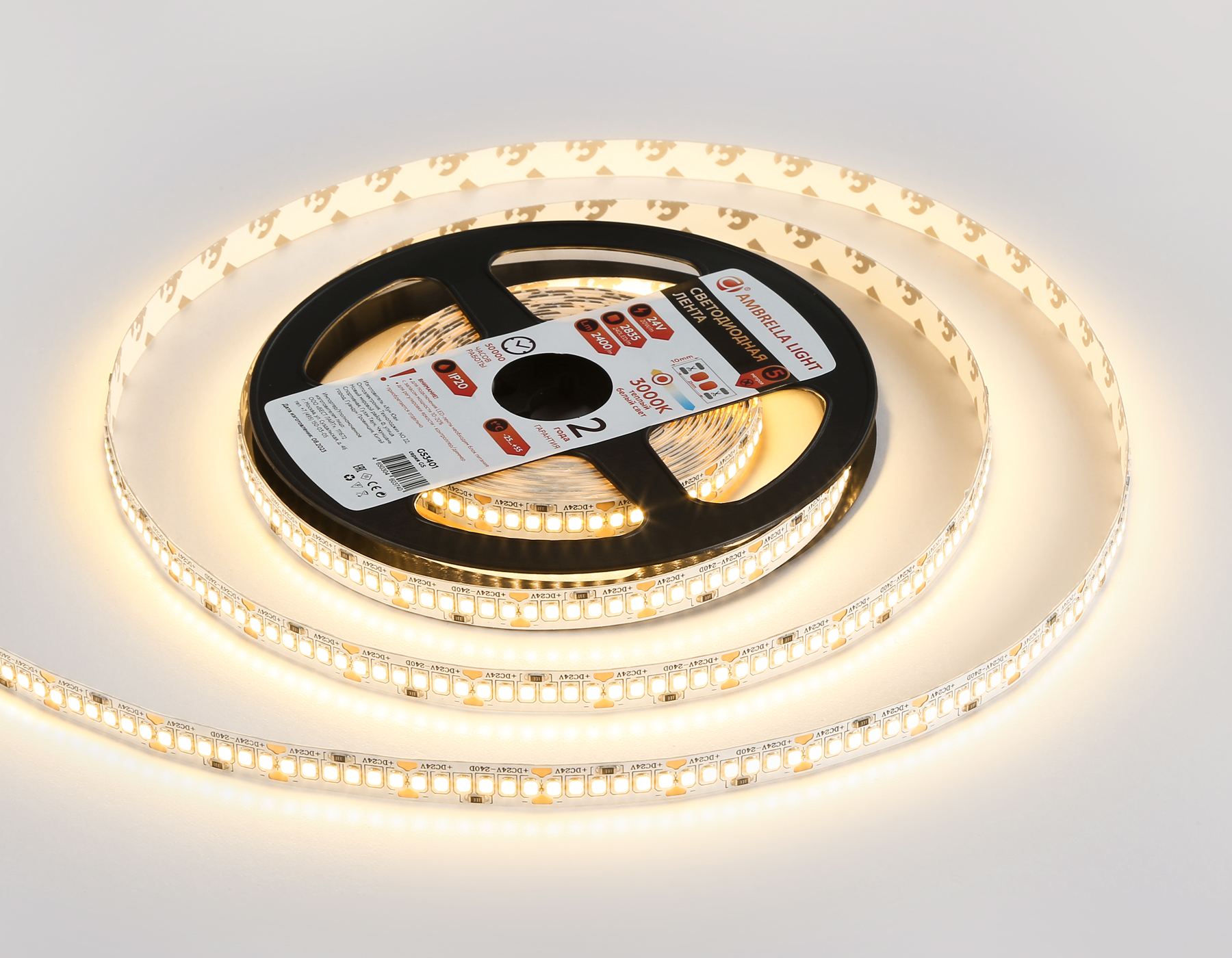 GS3401 2835 240Led/ 20W m/ 24V IP20 3000K/ 5000*10*1.2mm (2 конт.)