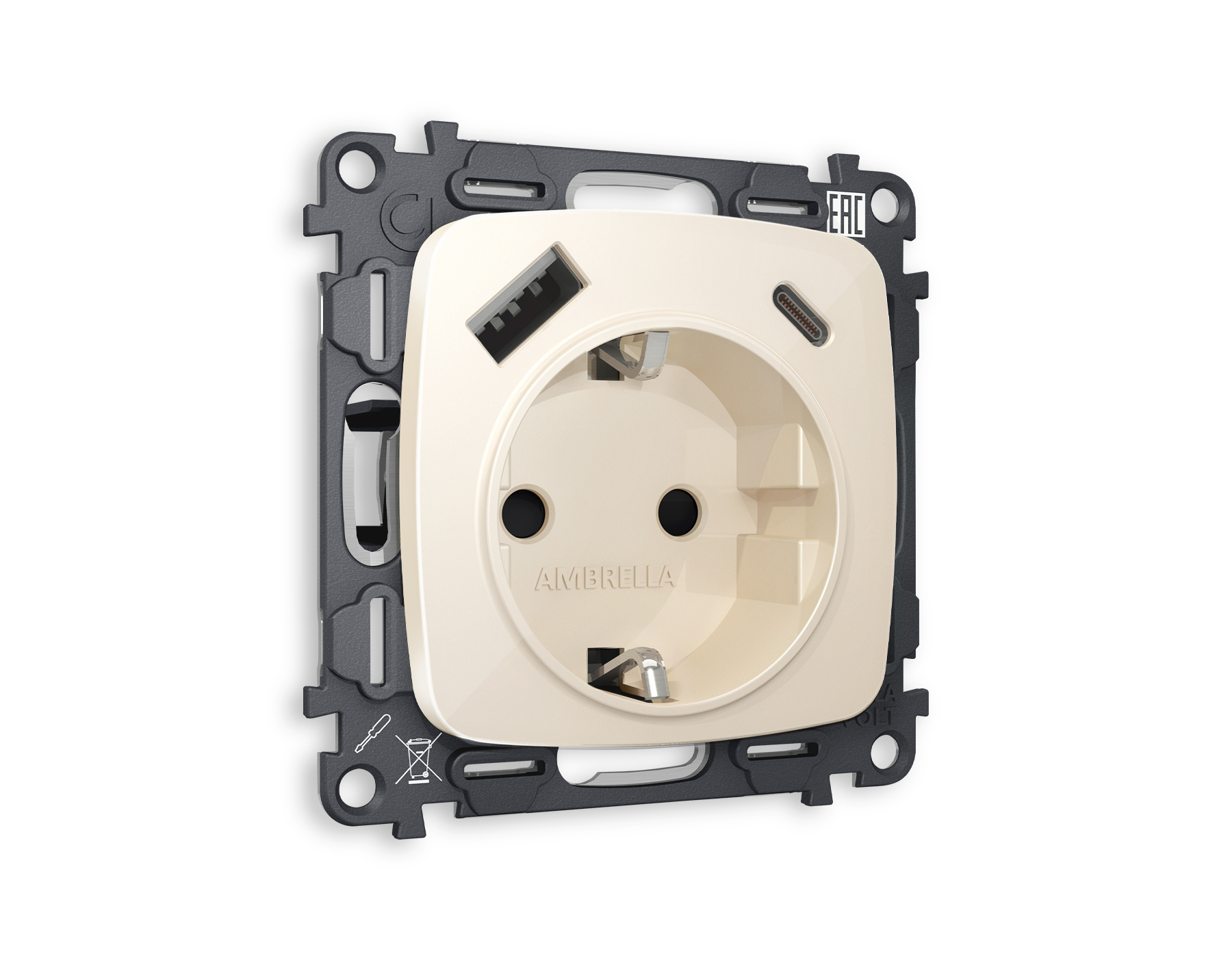 MO310010 Комплект механизма электрической розетки OMEGA Бежевый глянец 2USB A+C 20W (быстрая зарядка) с/з QUANT (OP3100, VM160)