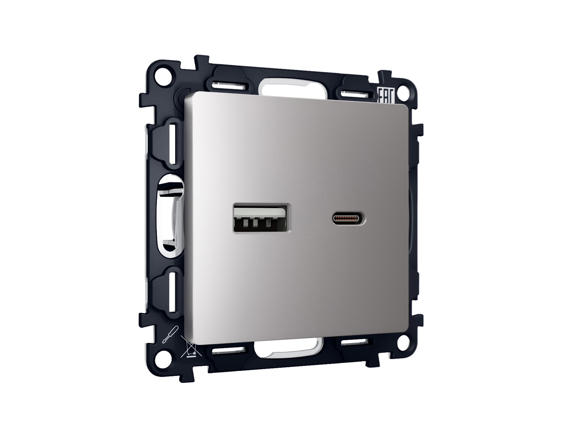 MA511010 Комплект механизма розетки ALFA Сталь матовый 2USB A+C 20W (быстрая зарядка) QUANT (AP5110, VM177)