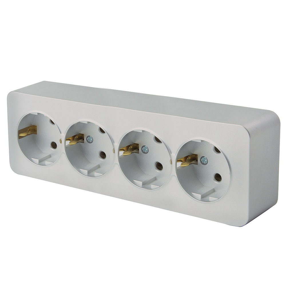 Розетка 4-местная с/з открытой установки, STEKKER, 250В, 16А, IP20, серия София, серебро, MST16-14-03