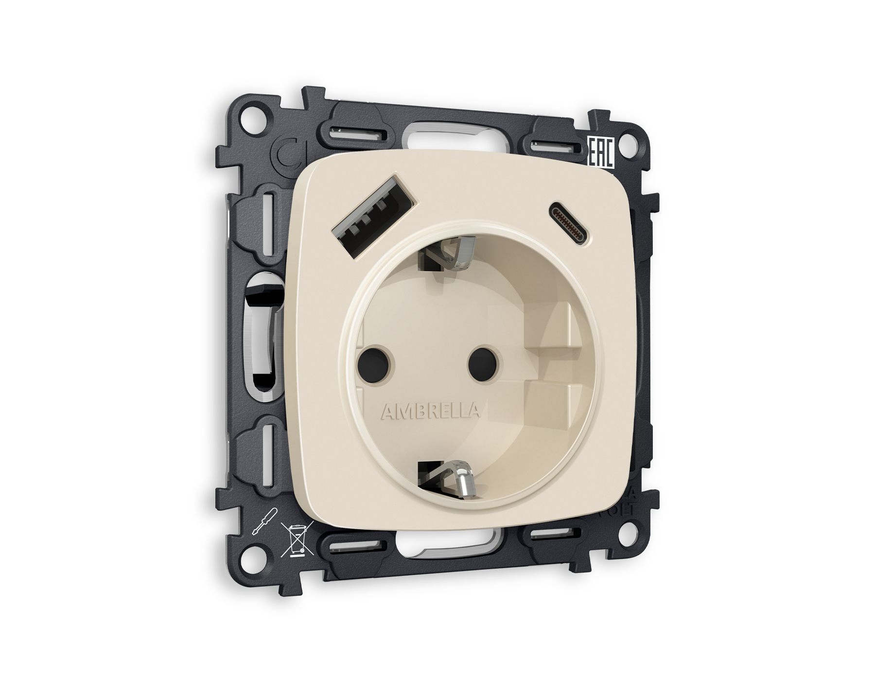 MO330010 Комплект механизма электрической розетки OMEGA Бежевый матовый 2USB A+C 20W (быстрая зарядка) с/з QUANT (OP3300, VM160)