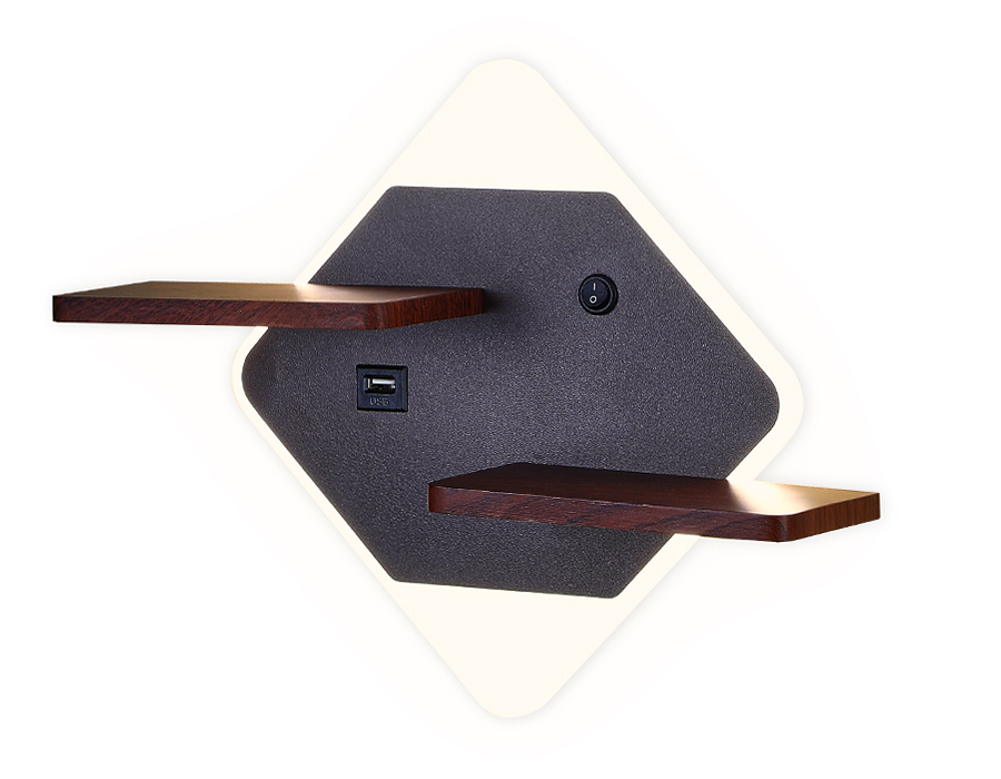 Настенный светодиодный светильник с выключателем, USB и полкой Ambrella FW101 CF/WD кофе/дерево LED 3000K/4200K/6400K 12W 340*250*105