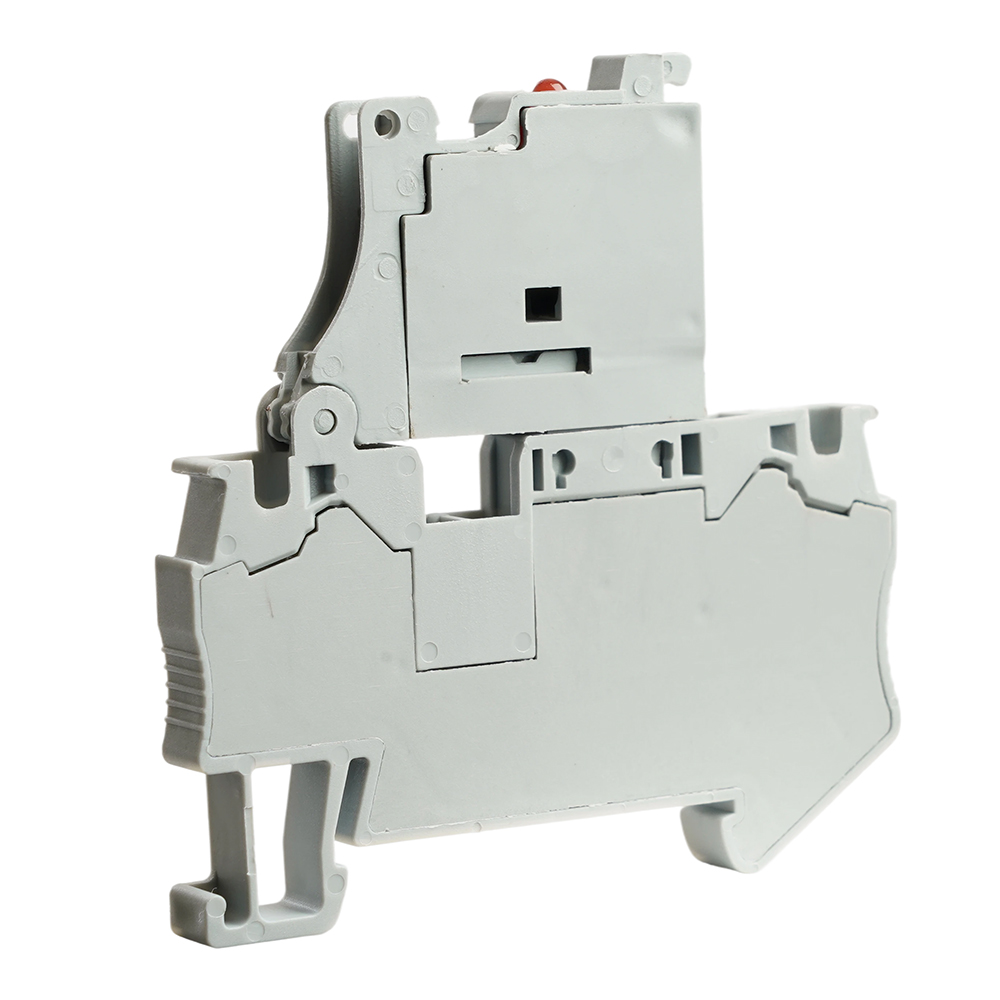 Зажим пружинный STEKKER, 2-проводной проходной 4,0 мм²  (JXB ST 4) с размыкателем и предохранителем с индикатором, LD552-1-01, серый