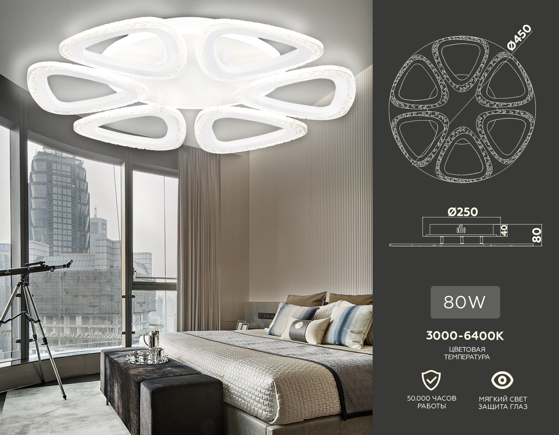 Потолочный LED светильник FA4518/6 WH белый 80W 4200K/3000K+6400K/6400K+3000K D450*80 (ПДУ ИК)