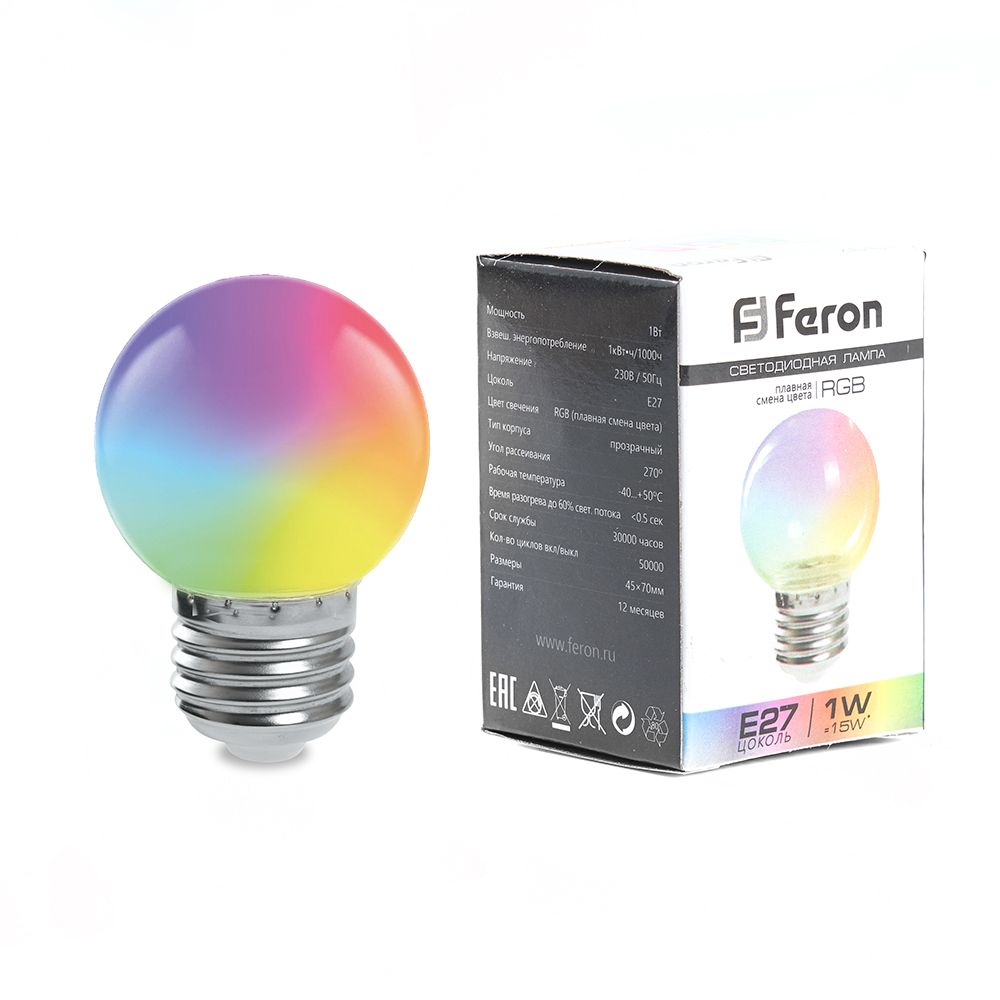 Лампа светодиодная Feron LB-37 Шарик матовый E27 1W RGB быстрая смена цвета Лампа светодиодная Feron LB-37 Шарик матовый E27 1W RGB быстрая смена цвета