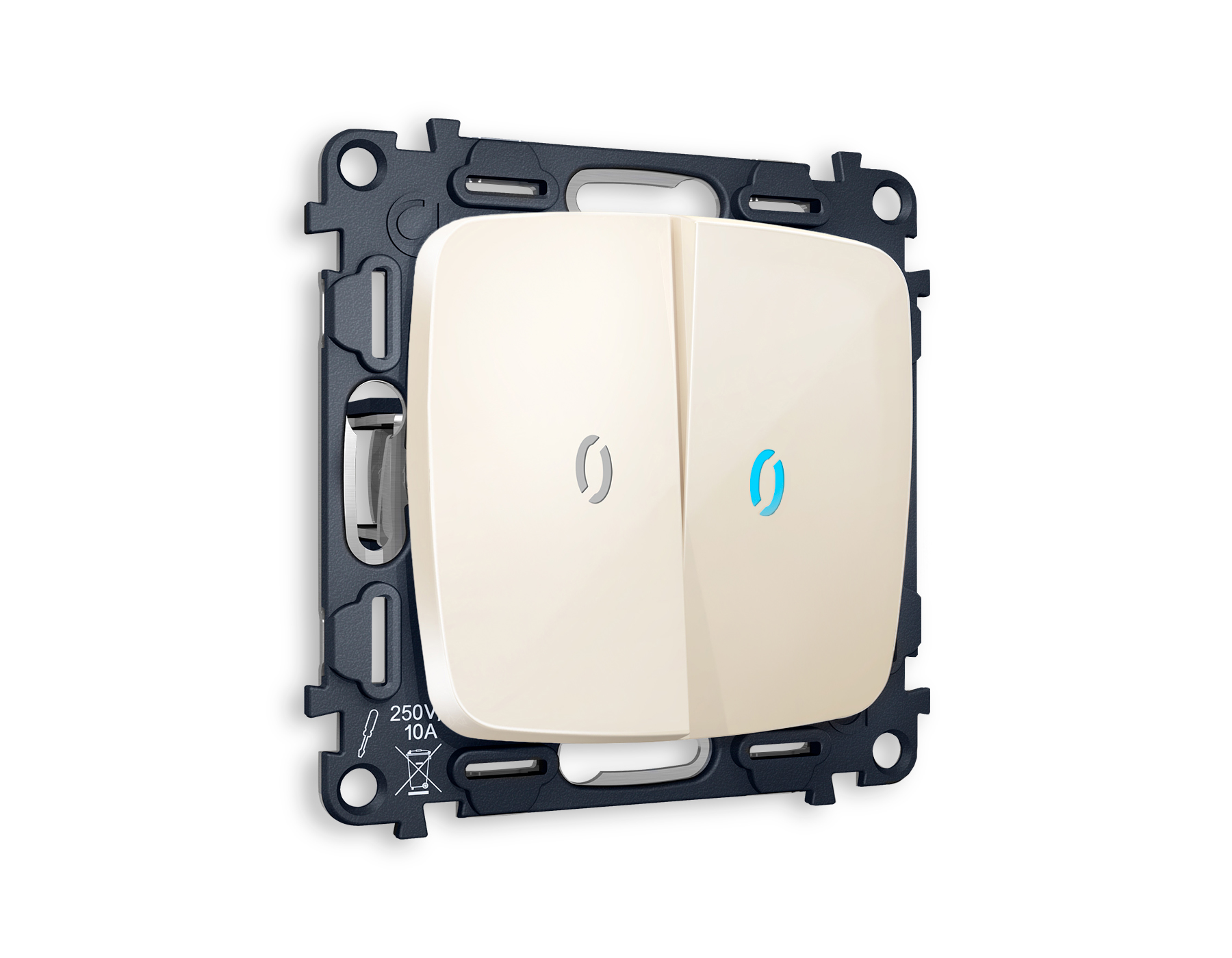 MO304020 Комплект механизма 2-кл выключателя с подсветкой 10000K OMEGA Бежевый глянец QUANT (OP3040, VM115, G17B)