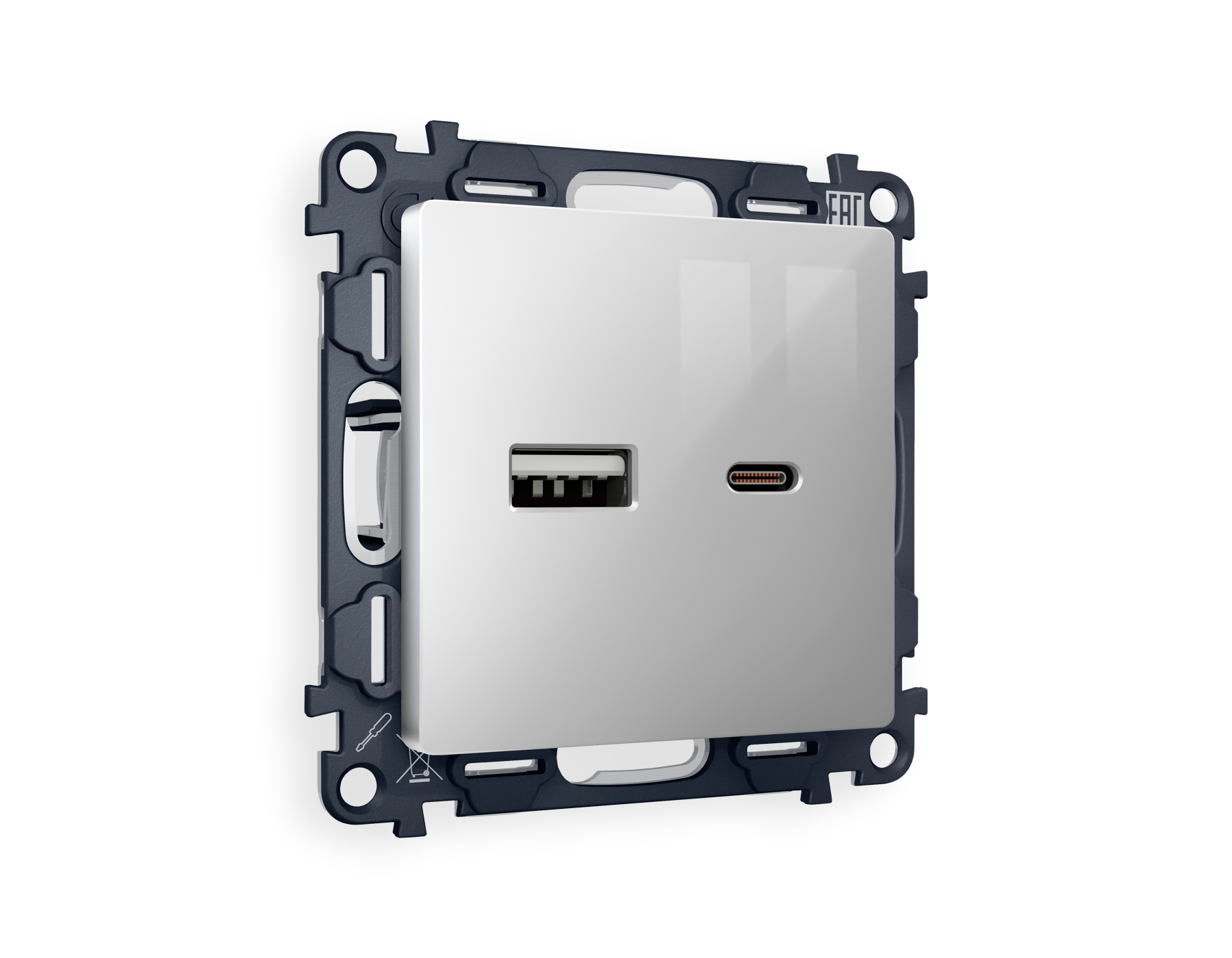 MA411010 Комплект механизма розетки ALFA Серебро глянец 2USB A+C 20W (быстрая зарядка) QUANT (AP4110, VM177)