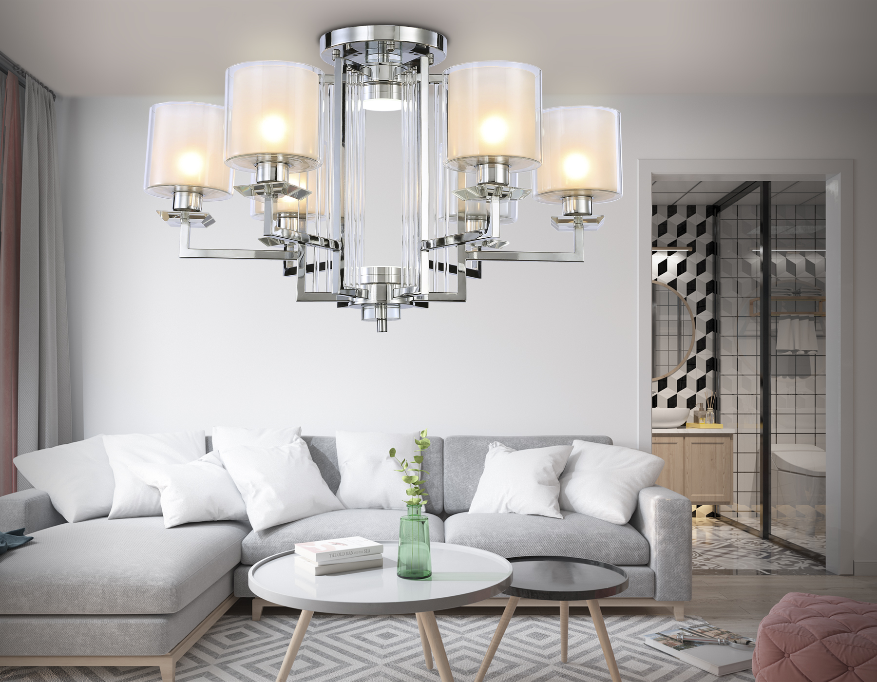 Потолочная люстра TR4418/6 CH/CL/FR хром/прозрачный/белый матовый E27*6 max 40W D748*463