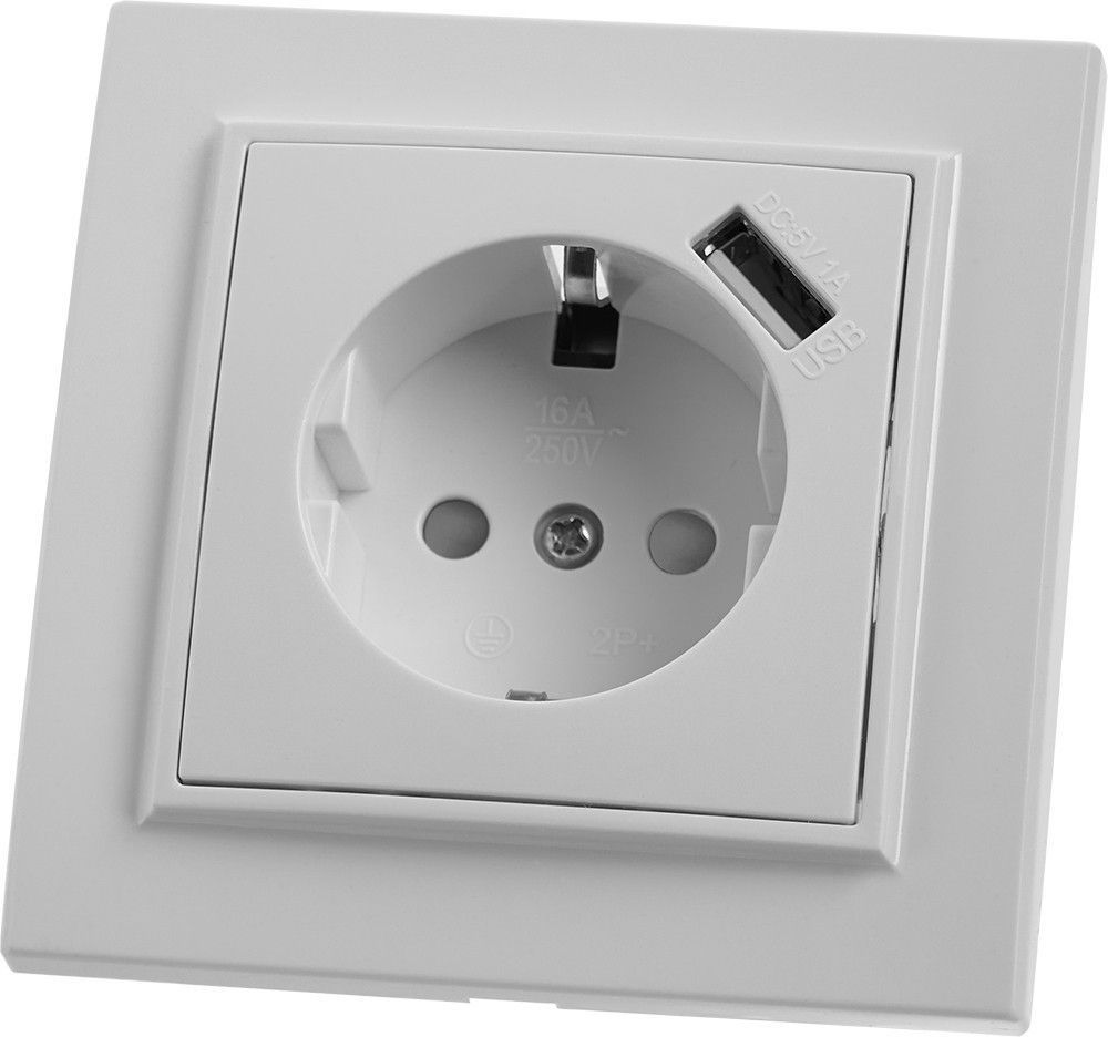 Розетка 1-местная STEKKER PST16-9011-01  с/з, 220В, 16А с защитной шторкой и с USB, серия Эрна, белая 39051