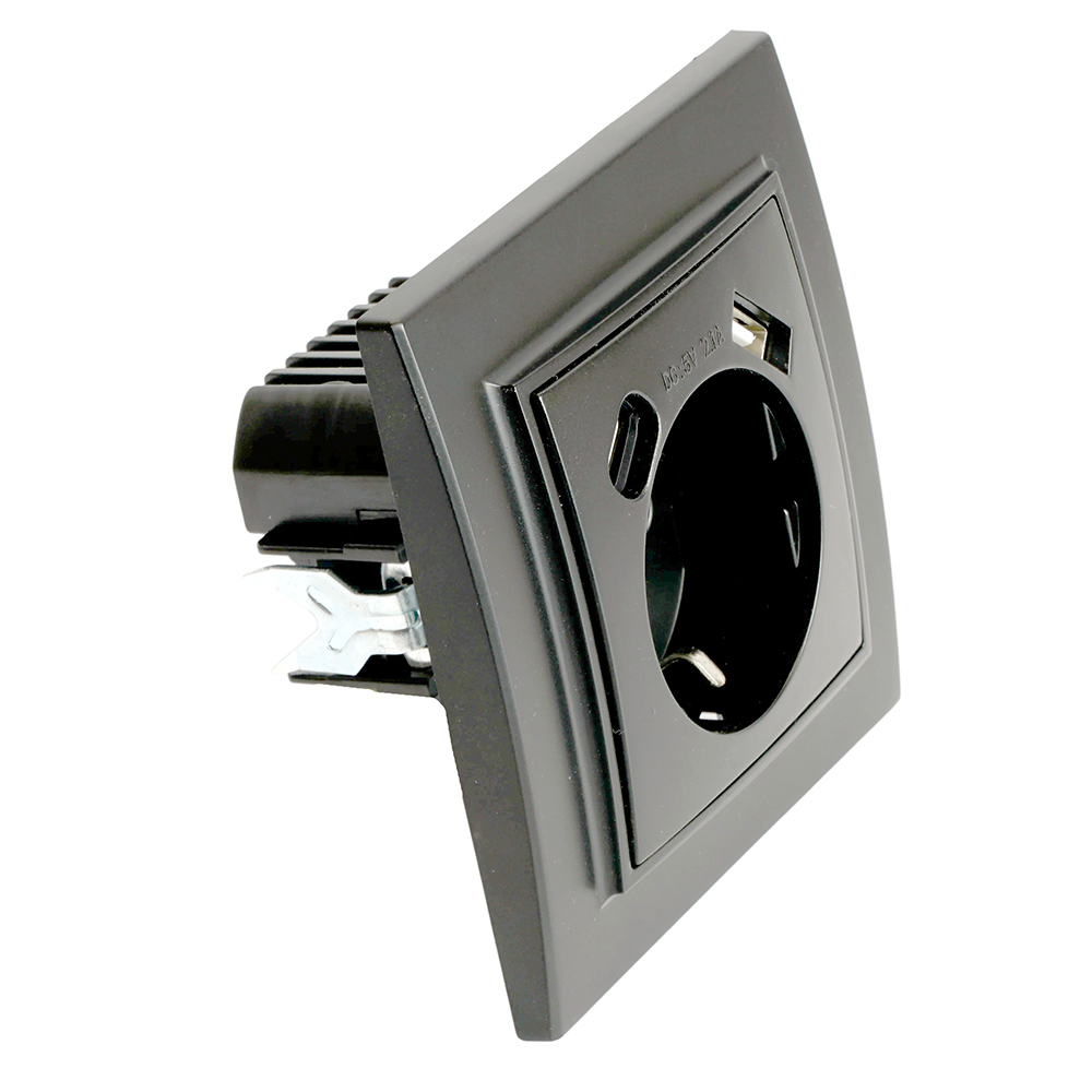Розетка 1-местная с/з STEKKER, PST16-9016-03, 250В, 16А с USB+ type C, серия Эрна, черный