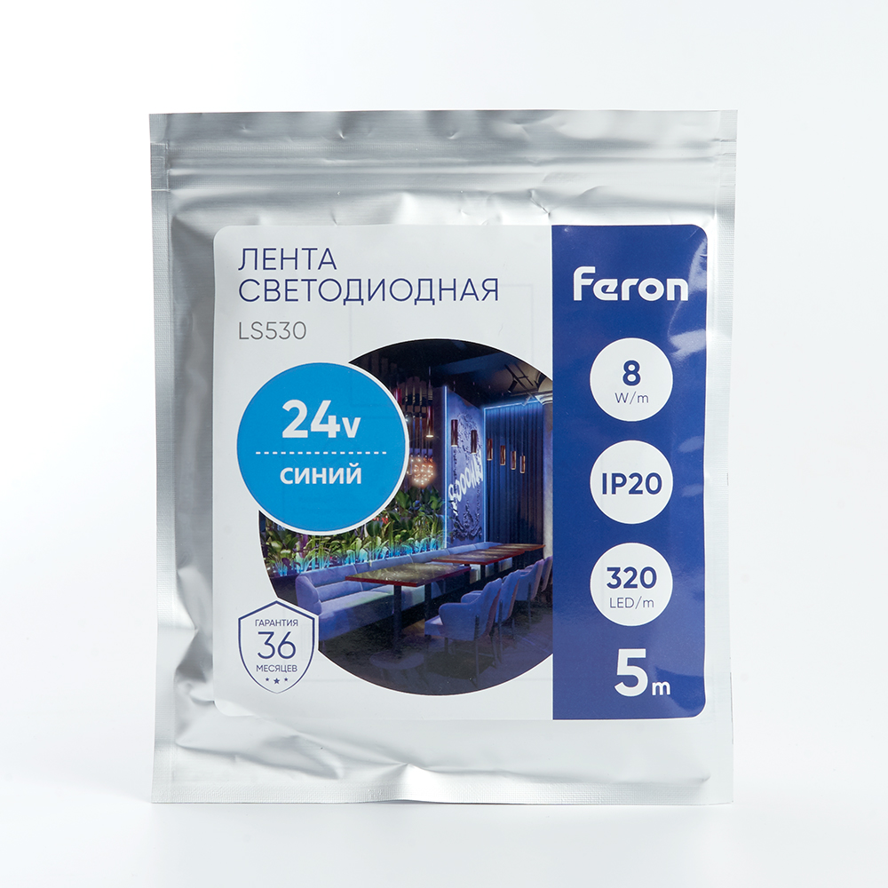 Светодиодная LED лента Feron LS530 320SMD(2110) 8Вт/м 24V 5000*8*1.8мм IP20, синий Светодиодная LED лента Feron LS530 320SMD(2110) 8Вт/м 24V 5000*8*1.8мм IP20, синий