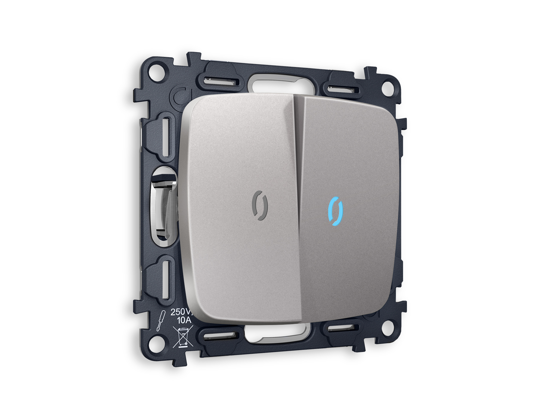 MO504040 Комплект механизма 2-кл проходного выключателя с подсветкой 10000K OMEGA Сталь матовый QUANT (OP5040, VM120, G29B)