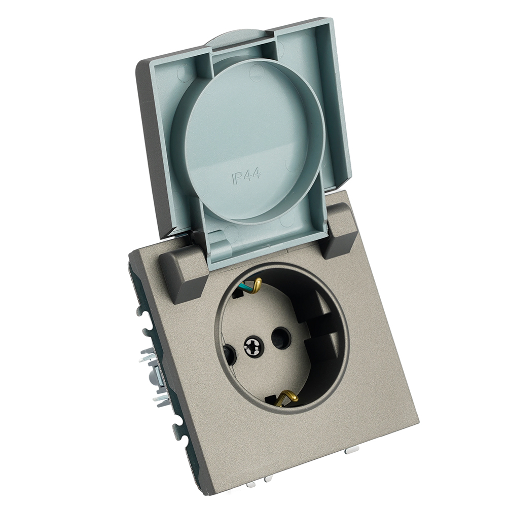 Розетка 1-местная с крышкой с защ. штор, STEKKER, с/з, 250В, 16А, серия Эмили, RST16-5112-09, антрацит, soft touch