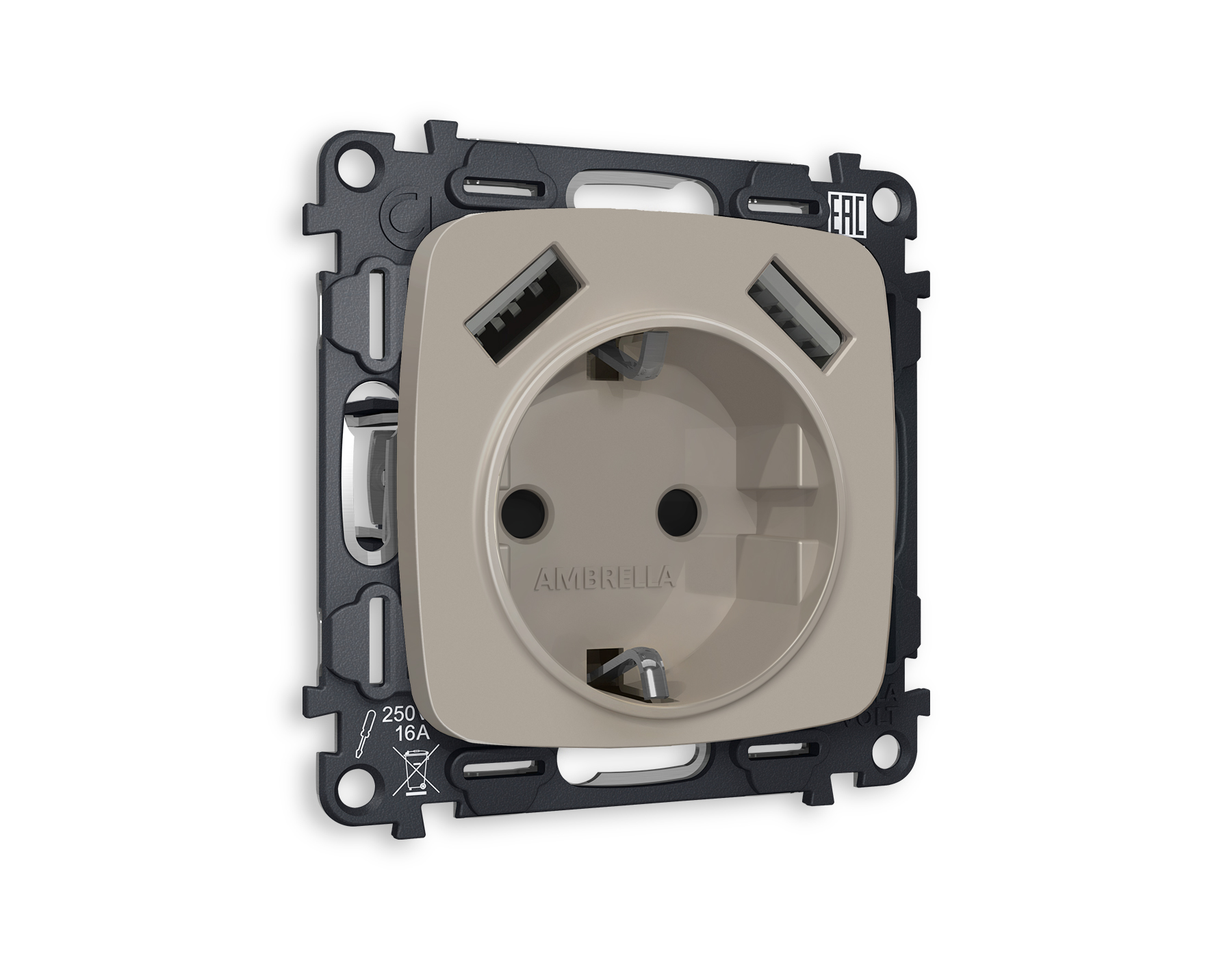 MO369010 Комплект механизма электрической розетки OMEGA Серо-бежевый матовый 2USB A+A 18W (быстрая зарядка) с/з QUANT (OP3690, VM155)