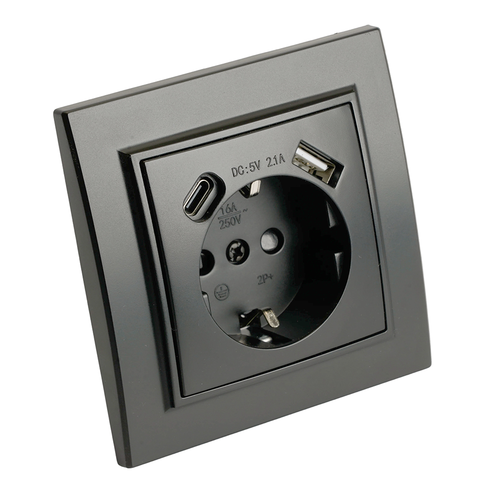 Розетка 1-местная с/з STEKKER, PST16-9016-03, 250В, 16А с USB+ type C, серия Эрна, черный